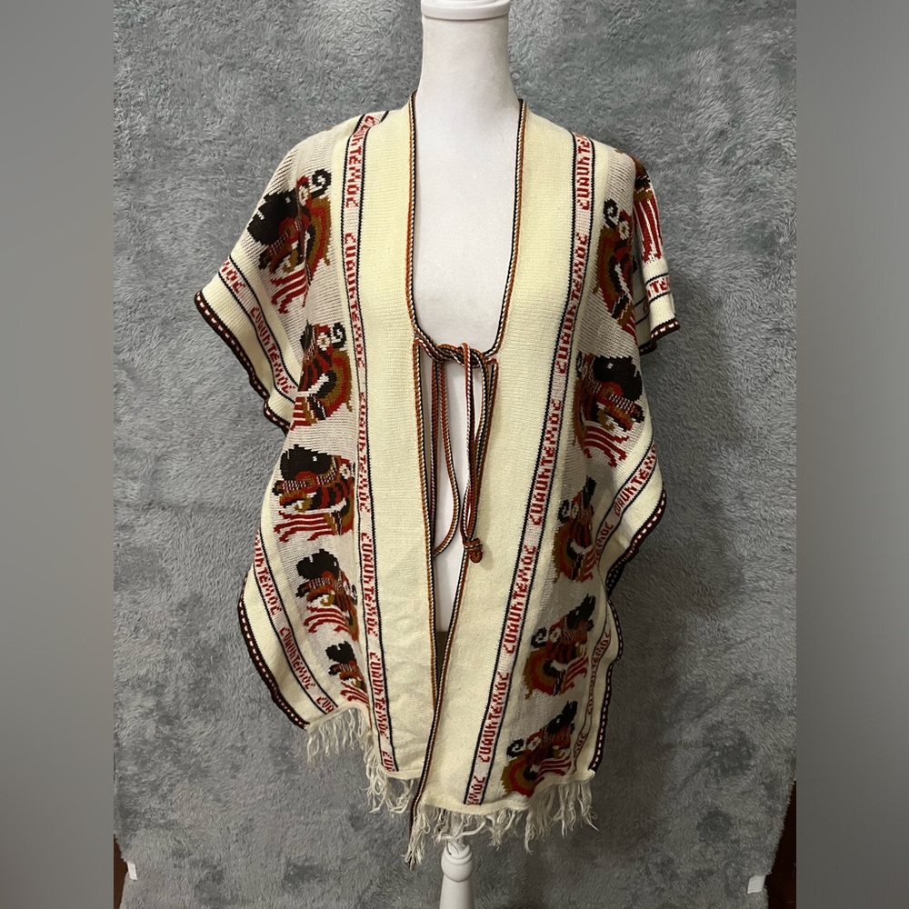 Cuauhtemoc Poncho Knitted Mexican Aztec Native Indian Fringe One Size